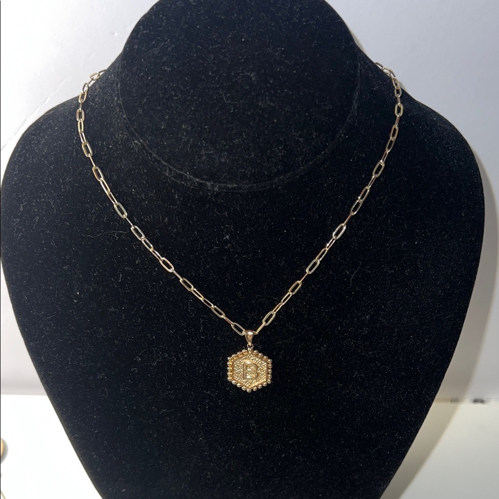 B & Heart Pendant Paperclip Gold Tone Necklace